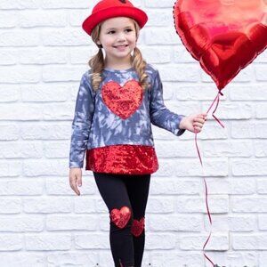 Red Tie-Dye Sequin Heart Long-Sleeve Top & Black Heart Leggings